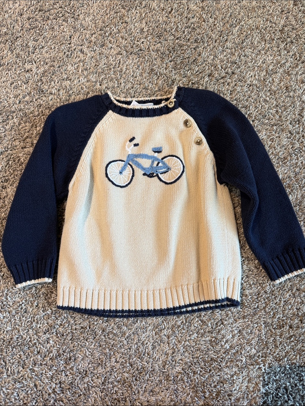 Janie and Jack Cream and Navy Baby Sweater with Bicycle Motif